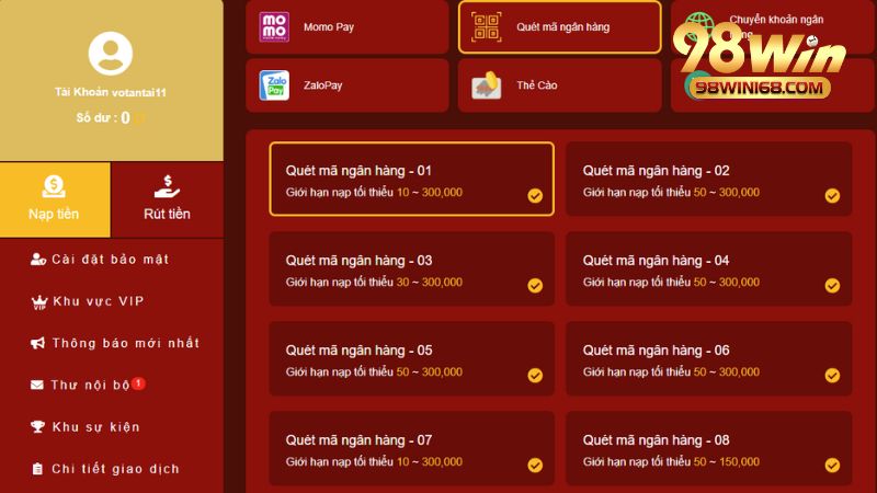 Cách nạp tiền 98win chi tiết cho newbie