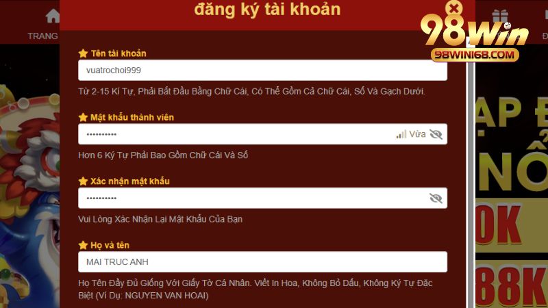 Hoàn tất thông tin vào form