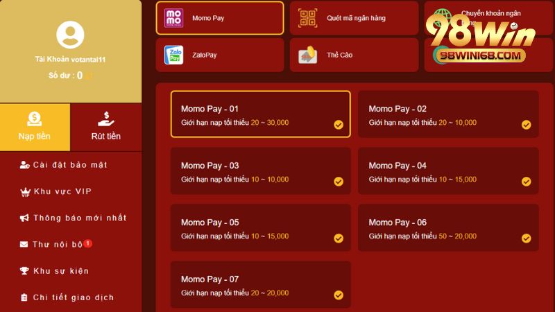 Tổng hợp các phương thức nạp tiền 98win
